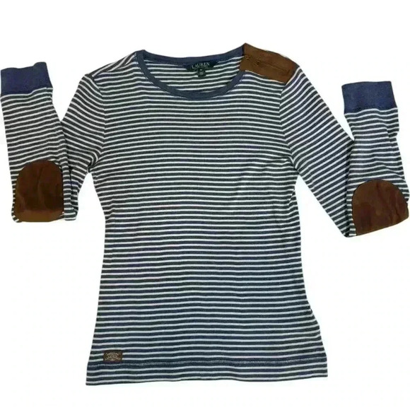 Lauren by Ralph Lauren Soft Cotton Blue/White Stripe Top with suede patch elbow - Picture 6 of 11